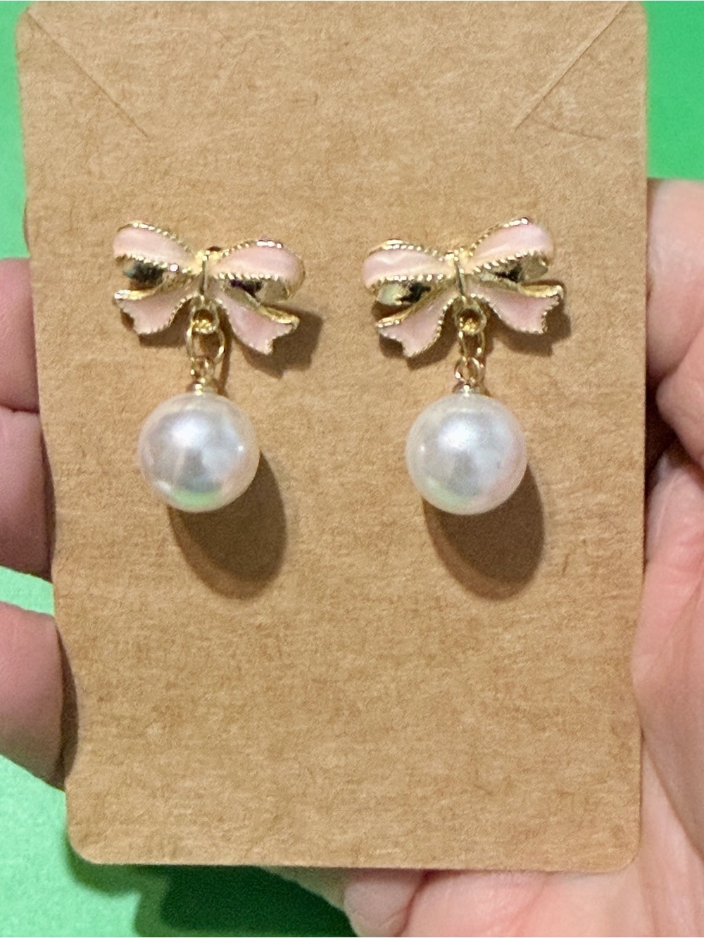 Pink Enamel Bow Pearl  Gold Fairy Core Drop Earrings - Picture 7 of 8
